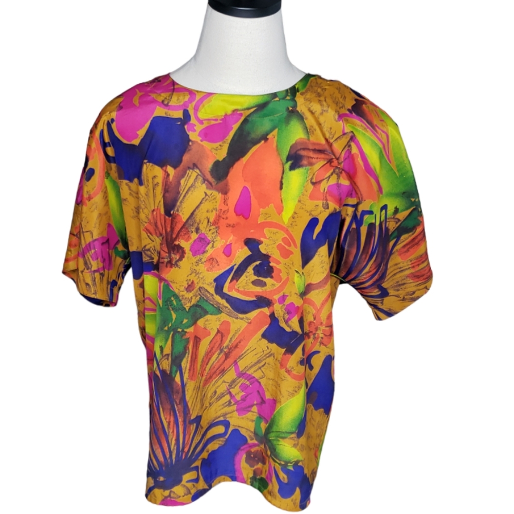 Nicola 80's Retro Vintage Bold Floral Shoulder Pads Pop Art Academia Top Sz M ♡